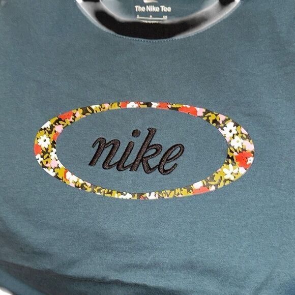 New Nike Blue Black Floral Logo Ringer T-shirt & Pull-on Legging Set Ladies S/M - Picture 4 of 14